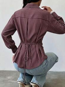 Women's Autumn Striped Collared Button-Front Shirt, Lace Cuffs Lantern Long Sleeve Tie Waist Slim Fit Blouse, Suitable For Daily Commute And Outings - Multicolor - View 3