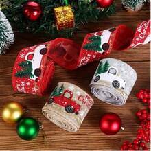 1 Roll Christmas Ribbon, 2 Inch X 5 Yards, Red Linen Texture Christmas Tree Print, Vintage Style Wired Ribbon, Suitable For DIY Wreaths, Gift Wrapping, Holiday Home Decor - Multicolor - View 1