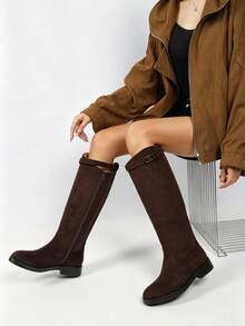 Women's Knee High Riding Boots, Buckle Detail Round Toe Low Block Heel Side Zip Tall Boots For Fall & Winter - COFFEE - View 5