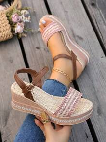 Summer Women's Versatile Fashion Wedge Sandals With Woven Strap And Platform Sole, Height-Increasing Casual Outdoor Shoes For Skirts - Baby Pink - View 3