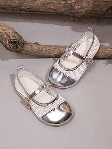 1 Pair Girls' Silver Lace Pearl Mary Jane Shoes, Soft Fabric + Slip-On Hook & Loop Material, Round Toe Flat Slip-On Design, Exquisite Cute Princess Style Ballet Shoes, Suitable For Daily Wear And Holidays - Silver - View 6