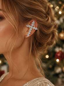 XYHEALER 1 Pair Women's Silver Large Rhinestone Cross Ear Clips With Vine Design, Exaggerated Crystal Inlaid Long Cross Earrings, Suitable For Prom, Party, Wedding - Multicolor - View 10