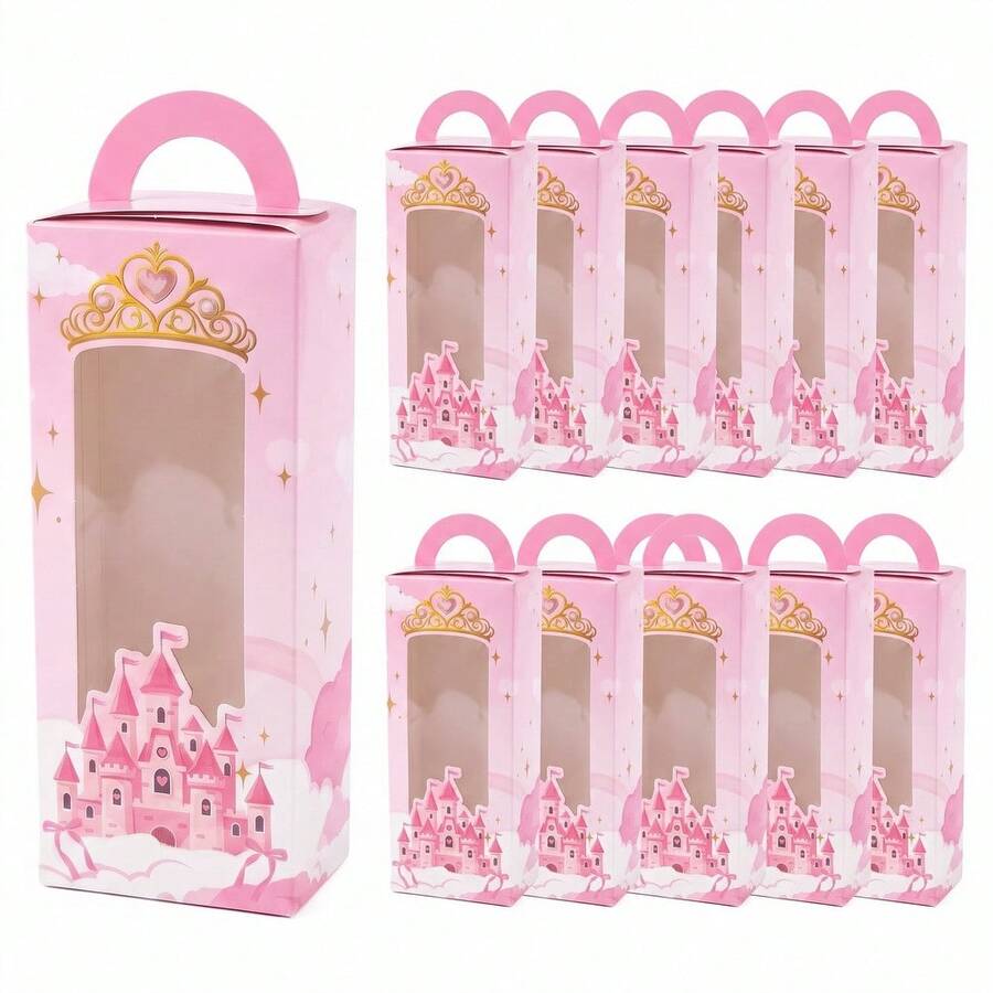 Pink Princess Castle Party Favor Box With Handle And Transparent Window, Crown Gift Candy Box, Princess Birthday Party Decoration Supplies - Multicolor - View 1