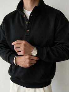 Men's Solid Color Stand Collar Half Button Polo Sweatshirt Black Henley Neck Stand Collar Autumn/Winter Casual Long Sleeve Pullover Top - Black - View 2