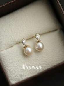 MADEONE 1 Pair Shiny Pearl Pear-Shaped Stud Earrings For Women, Daily Wear, Wedding, Party, Birthday, Anniversary Jewelry Gift - Gold - View 2