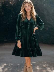 Women's Vintage Velvet Short Dress, V-Neck With Frill Trim, Lantern Long Sleeves, Draped Fabric, Casual Vibe, Suitable For Daily Wear, Dating, Christmas, Vacation - Dark Green - View 1