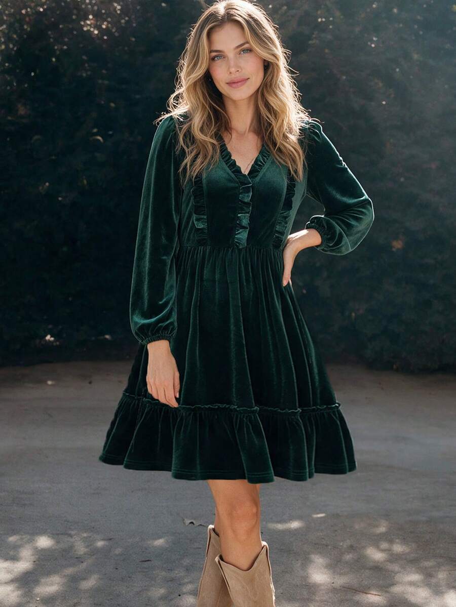 Women's Vintage Velvet Short Dress, V-Neck With Frill Trim, Lantern Long Sleeves, Draped Fabric, Casual Vibe, Suitable For Daily Wear, Dating, Christmas, Vacation - Dark Green - View 1