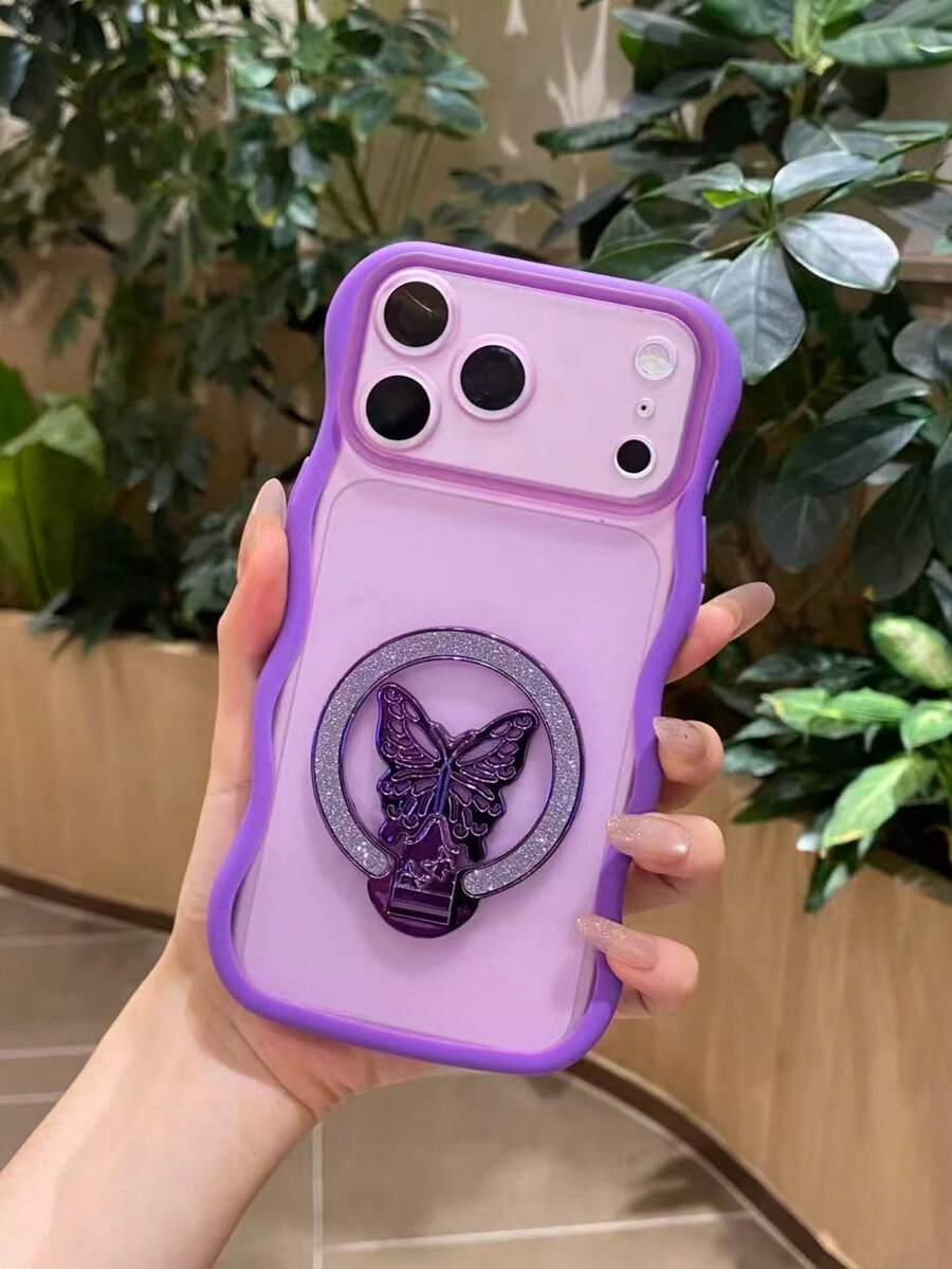 1PC TPU Wavy Edge Matte Phone Case With Glitter Butterfly Kickstand, Stylish Daily‑Use Protective Shell, Sweet Holiday Gift For Mom, Besties And Female Friends, For Apple12 Pro Max,13 Pro Max,14 Pro Max,15,16 Pro Max,17 Pro Max