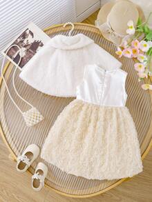 Autumn/Winter Young Girl Fashion Elegant Plush Shawl Jacket And 3D Rose Patchwork Satin Dress Set - Apricot - View 8