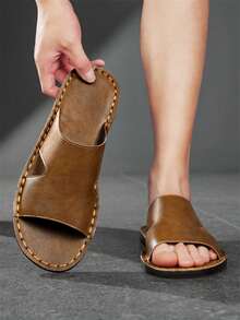 Men's Hollow Out Strap Slides, Vintage Sturdy Stitching Lightweight Flat Bottom, Casual Sandals For Shopping Beach Travel Daily Wear - Brown - View 2