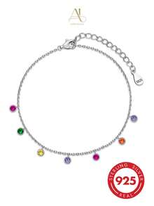 1pc Sweet Niche S925 Sterling Silver Colorful Zirconia Pendant Thin Chain Bracelet, Versatile Summer Jewelry Gift For Women - Silver - View 6