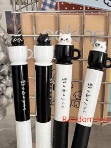 Neutral Cat Shape Creative Rotating Cup Ballpoint Pen, 0.5mm Quick-Drying Black Ink, Fun Stress Relief Rotating Refill, Silicone Pen Cap, Quick-Drying, 0.5mm Black Pen Suitable For Office, Back To School, Holiday Gifts - Mule Tea Cup Cat - View 8