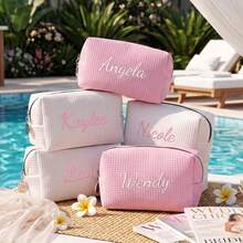 Personalized Embroidered Waffle Makeup Bag, Letter Embroidered Cosmetic Storage Bag, Bridesmaid Gift, Customized Name Toiletry Bag, Bridal Shower Gift, White Waffle Storage Bag - Multicolor - View 5