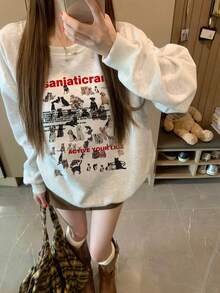 Korean Style INS Cat & Dog Letter Print Crew Neck Sweatshirt, Loose Casual Versatile Heather Gray Long Sleeve Autumn Top - Off-white - View 1