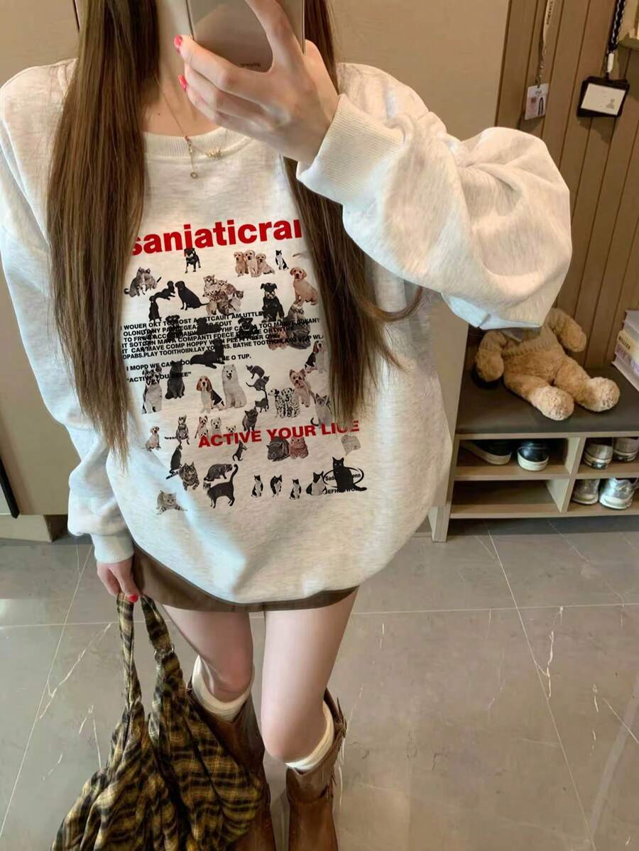 Korean Style INS Cat & Dog Letter Print Crew Neck Sweatshirt, Loose Casual Versatile Heather Gray Long Sleeve Autumn Top - Off-white - View 1
