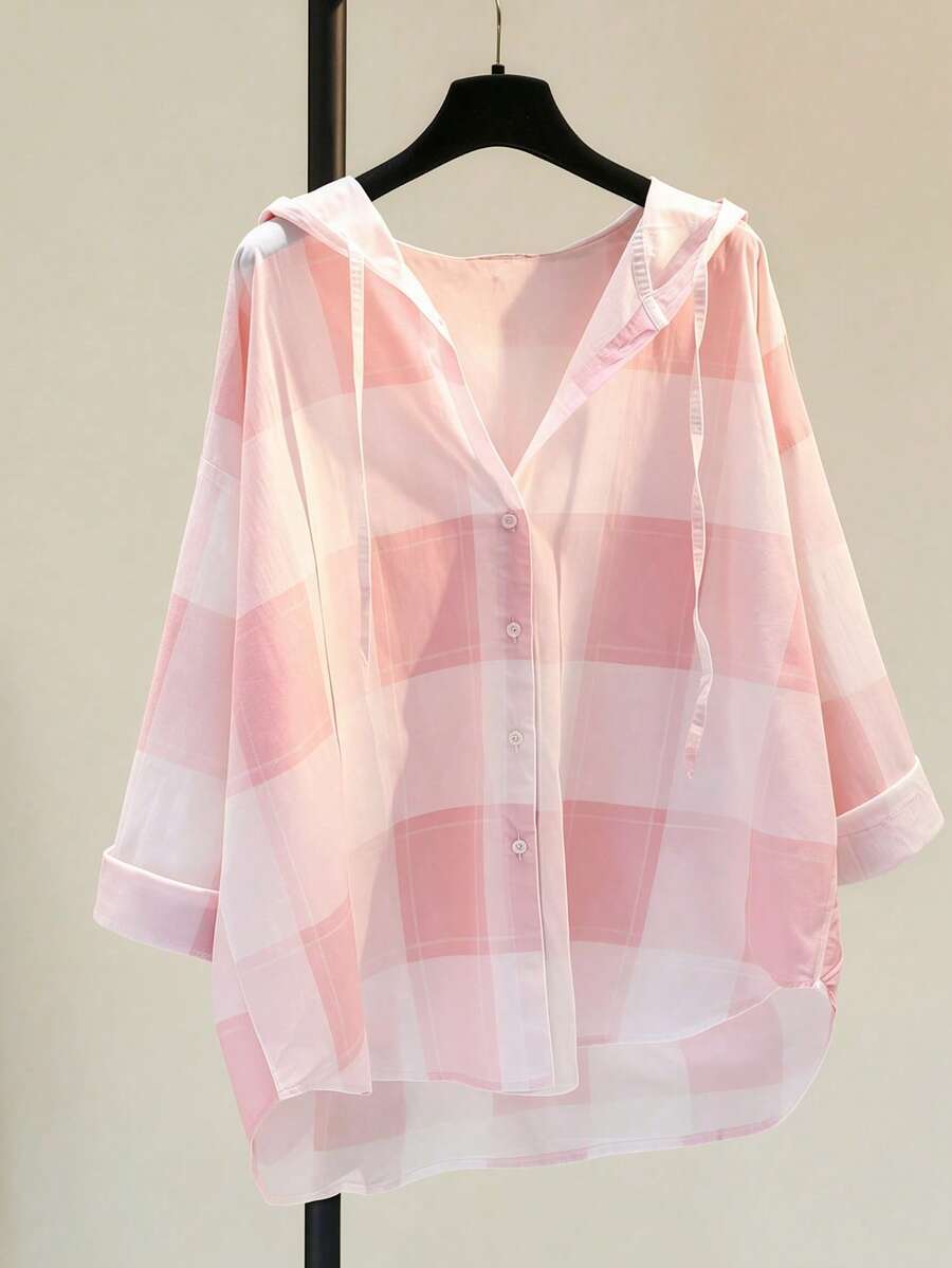 Women's Casual Plaid Hooded Long Sleeve Shirt, Button Front, Suitable For Autumn, Winter, Spring, School, Party, Summer Outfits Pink - Pink - View 1