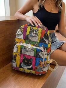 1PC Women's Mini Backpack, Corduroy Girls School Bag, Travel Storage Bag, Kitten Print Design, Large‑Capacity Foldable Easy‑To‑Store Bag, Lightweight & Pressure‑Relieving, Multi‑Pocket Layered Design With Zipper Closure - Kitten 822359 - View 4
