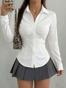Women's White Long Sleeve Shirt Collar Top, Front Pleated Design, Regular Fit Woven Blouse, Elegant Fashionable Autumn Look, Academic Business Shirt Top, Elegant Office Fashion Minimalist Casual Wear - White - View 1
