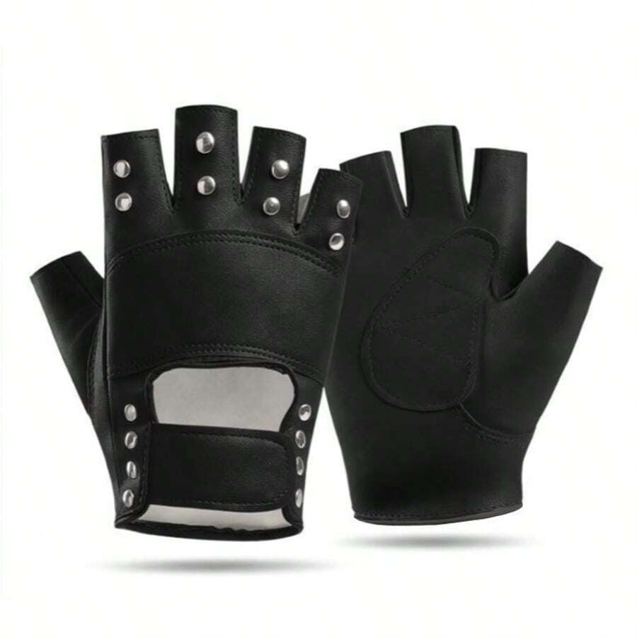 1 Pair Women's Half Finger Cycling Motorcycle Racing Gloves Music Festival Performance Stage Show Cosplay Dancing Decorative Rivet Studded PU Gloves - Multicolor - View 1