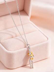 1Pc Minimalist Love Family Hugging Pendant Necklace, Two‑Color Metal Human Figure Hugging Design Necklace Daily Wear Jewelry For Parents And Children - Multicolor - View 3