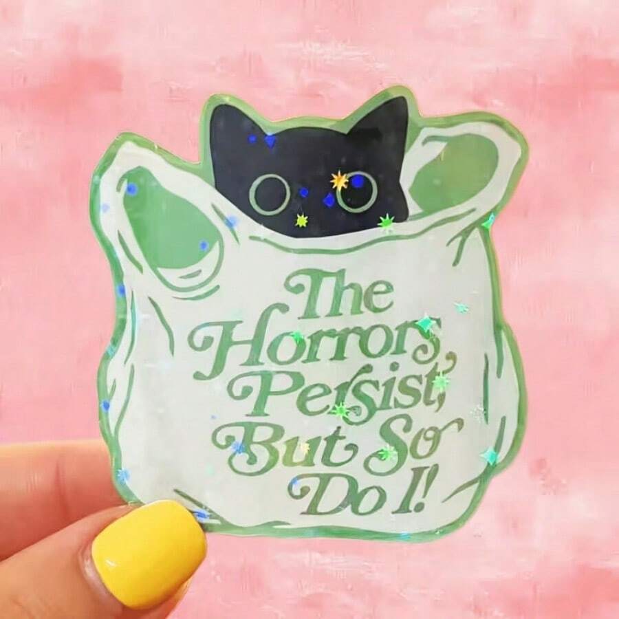 1pc Healing Tote Bag Black Cat "The Horrors Persist" Print Sticker - Artistic And Inspirational Phone Case Decoration - Durable Matte, Self-Adhesive Bumper Sticker, Suitable For Cars, Laptops, Water Bottles - Multi-Functional And Durable Design. - View 1