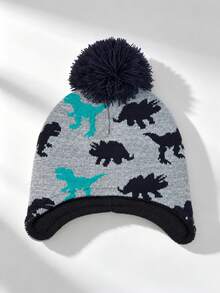 1PC Little Kids Jacquard Knit Earflap Beanie, Dinosaur Pattern Pom‑Pom Hat For Boys Casual Outdoor Outfits - 1PC - View 3