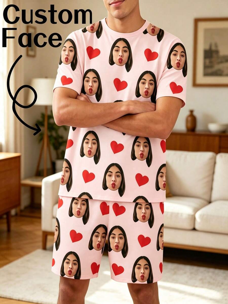 Men's Customized Crew Neck Short Sleeve Top And Elastic Waist Shorts Loungewear Set, White, Personalized Face And Red Heart All-Over Print - Pink - View 1