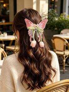 1/2pcs Embroidered Mesh Butterfly Scrunchie With Rhinestone Heart Decor And Tulip Pendant, Gentle Hair Tie For Girls - Multicolor - View 4