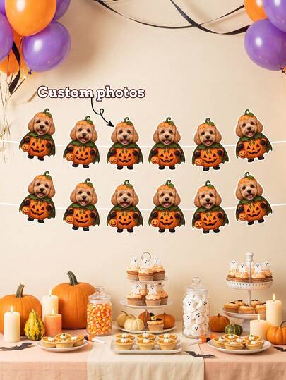 8/12/16pcs Custom Pet Photo Halloween Banner, Personalized Dog Pet Portrait Banner For Halloween Pet Party Wall And Fence Decor