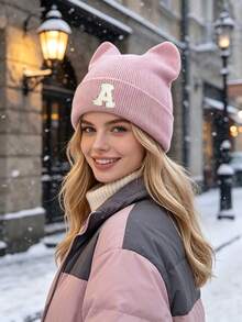 1pc Women's Bunny Ear Hat With Lettering & Cat Ears - Lightweight Warm Brimless Suitable For Winter, Christmas Thanksgiving ,Birthdays Gift - Pink - View 4