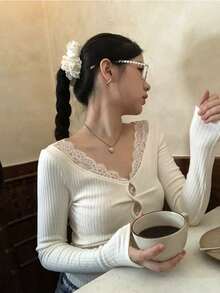 Premium Fitted Lace Long Sleeve T-Shirt, Versatile New Design Base Layer - Apricot - View 1