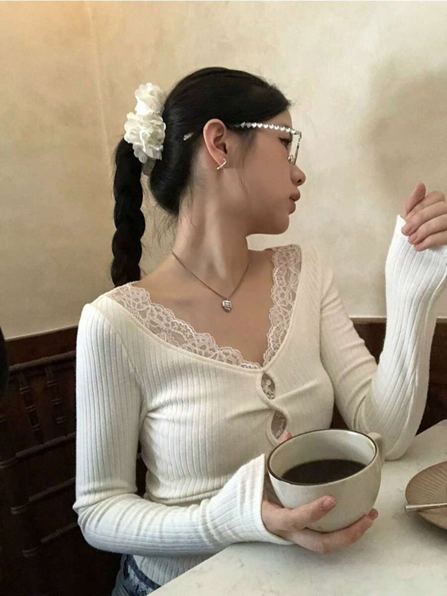 Premium Fitted Lace Long Sleeve T-Shirt, Versatile New Design Base Layer - Apricot - View 1