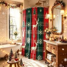 1pc Christmas Print Shower Curtain, Abstract Vintage Polyester Fabric Shower Curtain With 12 Hooks, Suitable For Bathroom Or Bathtub Decoration - Multicolor - View 2