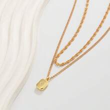 2 Minimalist Double-Layer Stackable Chain Necklaces, Textured Figaro Chain Paired With A Thin Cuban Chain, Adorned With Small Star Square Dog - Silver - View 4