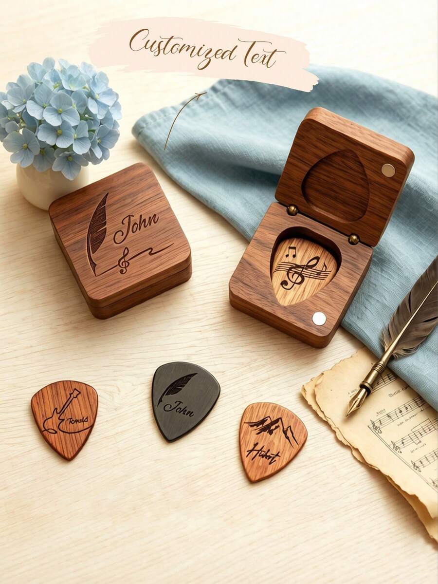 Personalized Wooden Guitar Picks With Storage Box, Customized Guitar Pick Storage Box, Engraved Guitar Picks Gift For Guitarists, Valentine's Day Gift, Guitar Pick Box, Engraved Guitar Picks, Guitarist Gift, Musician Gift, Father's Day Gift, Christmas Gift - Multicolor - View 1