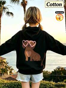 2026 Autumn/Winter Girls' Custom Loose Black Hooded Sweatshirt, Puppy Pattern With Heart-Shaped Glasses, Cute Cartoon Style - Black - View 3