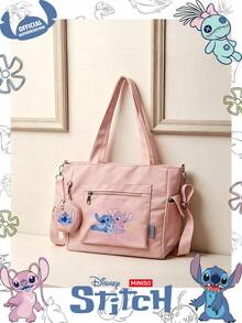 Miniso Disney Stitch & Angel Enjoy Time Together 文字印花托特包 2 件組附零錢包，適合工作、旅行、購物與日常使用 - 粉色 - 查看 2