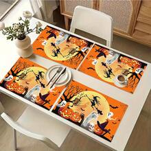 1/4/6pcs Halloween Series Witch Moon Ghost Pumpkin Pattern Printed Placemats Suitable For Home Kitchen/Heat-Resistant Placemats Table Protection Kitchen Dining Table Party Scene Decoration - Multicolor - View 5