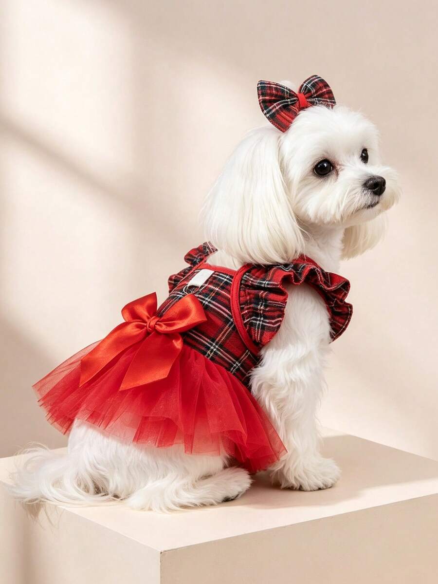 1pc Dog Cat Mesh Wedding Dress Bow Cute Fashion Elegant Charming Creative Personalized Design Printed Pet Dress