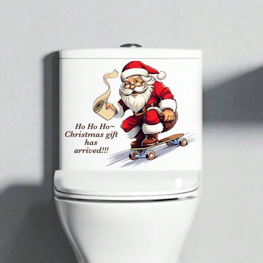 1pc Creative Cartoon Santa Claus Holding Toilet Paper Roll Bathroom Toilet Sticker Home Decor Self-Adhesive Wall Decal - A - View 1