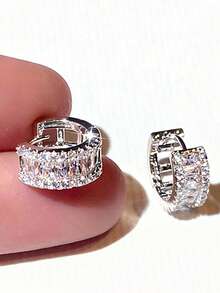 1 Pair Exquisite Cubic Zirconia Hoop Earrings Women Wedding Engagement Party Jewelry Valentine's Day Gift - Silver - View 1