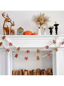1 Set Gingerbread Man And Peppermint Candy Felt Garland, Gingerbread Man Wooden Bead Design, For Christmas Home Wall Decor, Winter Theme Party Hanging Scene Decoration, Fireplace Home Decor - Multicolor - View 8