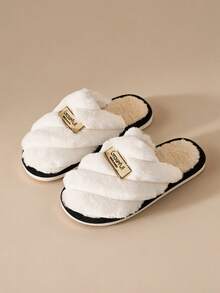Unisex Pineapple Plaid Colorblock Patchwork Autumn/Winter Indoor Home Slippers, Non-Slip Warm Comfortable Slip-On Fuzzy Slippers - White - View 5