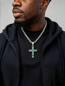 Men Stainless Steel Green Rhinestone Cross Pendant Twist Rope Chain Necklace, Hip Hop Punk Street Statement Jewelry - White - View 1