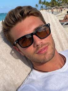 1 Pair Men's Black Square Frame Rivet Decor Casual Fashion Glasses - Black - View 1