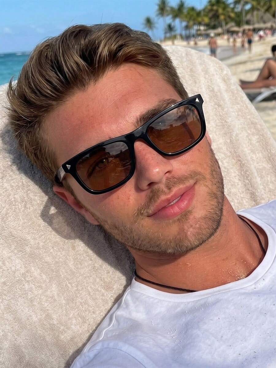 1 Pair Men's Black Square Frame Rivet Decor Casual Fashion Glasses - Black - View 1