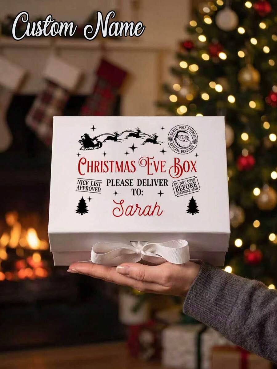 1pc Personalized Christmas Eve Gift Box, Customized Christmas Name Gift Box, Personalized Christmas Gift Box, Customized Empty Magnetic Gift Box With Ribbon Bow, Personal Christmas Message Box, Christmas Eve Gift Box, Personalized Gift Box, Christmas Gift Box, Christmas Eve Gift Box, White And Pink Paper Box With Ribbon Bow, Magnetic Customized Gift Box Lid And Ribbon Gift, Magnetic Empty Gift Box With Letter Customization For Christmas Gift Box, Suitable For Holiday Parties - Multicolor - View 1
