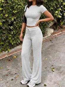 NOIRLYN Women's Fall Two Pieces Y2K Sportswear Gym Casual Daily Solid Color Short-Sleeved Round-Neck T-Shirt And Slim Straight-Leg Long Pants Set - Grey - View 5