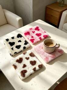 1pc Plush Heart‑Pattern Square Coasters, Cup Base Mats For Tabletop Decor, Soft Fabric Coffee Tray Pads For Tea & Mugs, Ideal For Coffee Table, Dining Table, Tablecloth Protection, Cute Home Table Ornaments For Dining Room & Household Desk Decor - Multicolor - View 7