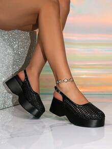 Women's New Thick Sole High Heel Closed Toe Sandals, Woven Hollow Back Strap Buckle Breathable Mayujin Shoes - Black - View 3